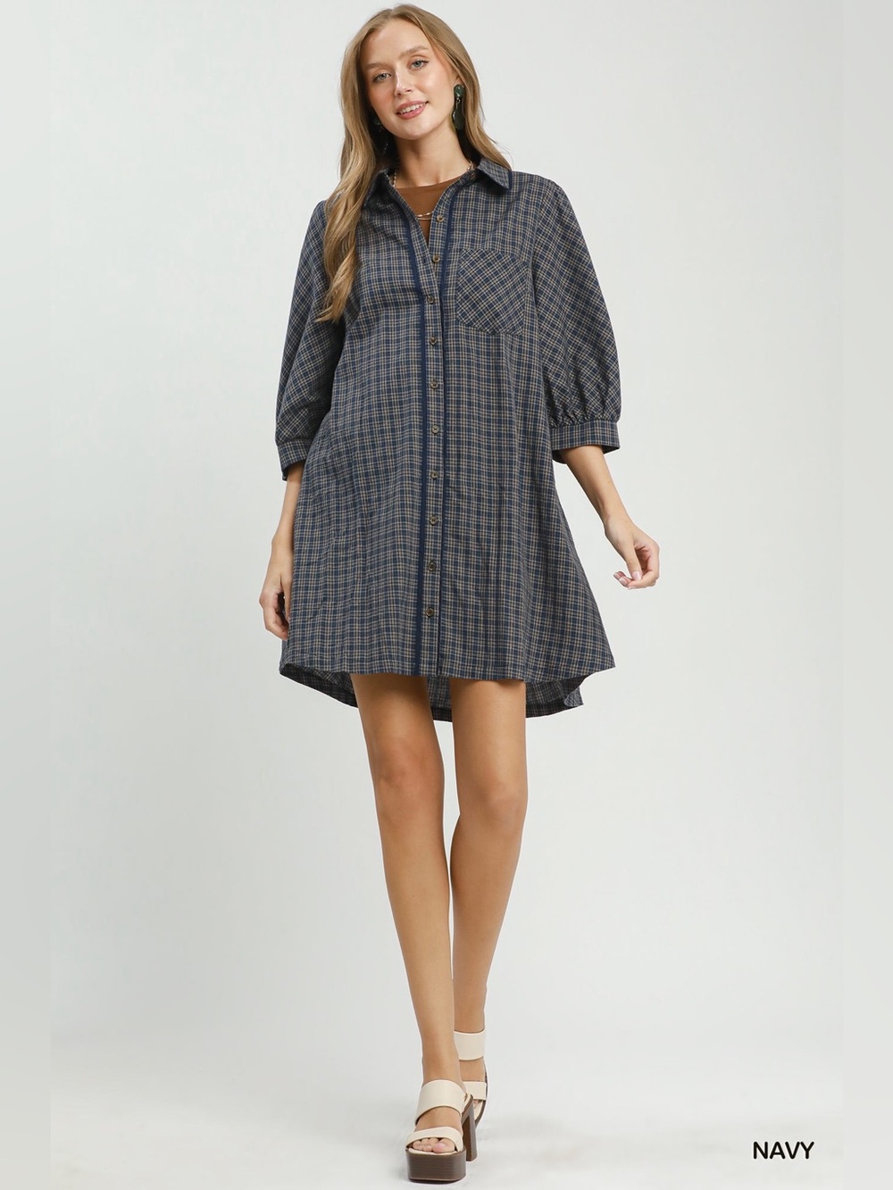 Umgee Plaid Button Down Oversized Shirt Dress-Navy 🛍️